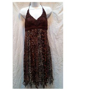 Jovani Brown Crochet Halter and Animal Print Silk Handkerchief Dress Women's 6